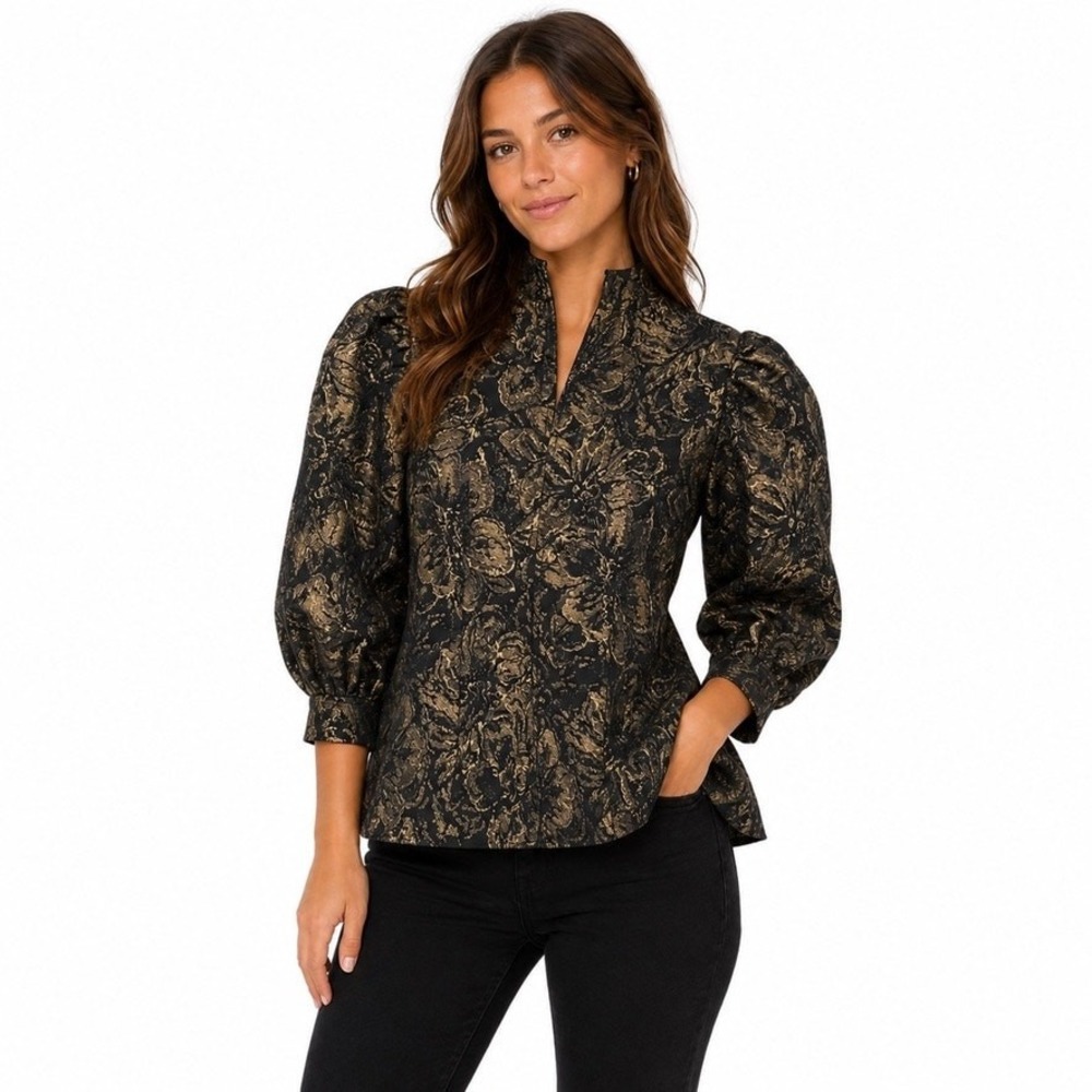 Worthington NWT Black Gold Floral Metallic Jacquard Blouse Puff Sleeve